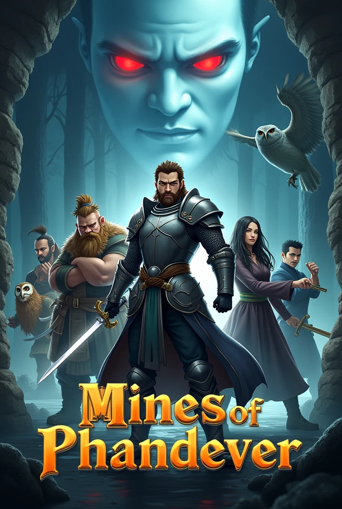 Generate a poster for a movie in anime aesthetics. The poster must bear the title of "Mines of Phandelver". It gives the feeling of being dynamic with a lot of action and fun. There are several characters on the poster: A bearded dwarf on the left, In the center there is a knight in shining armor holding a long sword that does not wear his helmet, To the right there is a Kung fu monk practicing kata, And behind there is a ninja in black clothes. We can see a water well with an owl, an entrance to a mine, A poster with an ominous forest in the background. In the background the silhouette of a face with bright red eyes is blurred. 