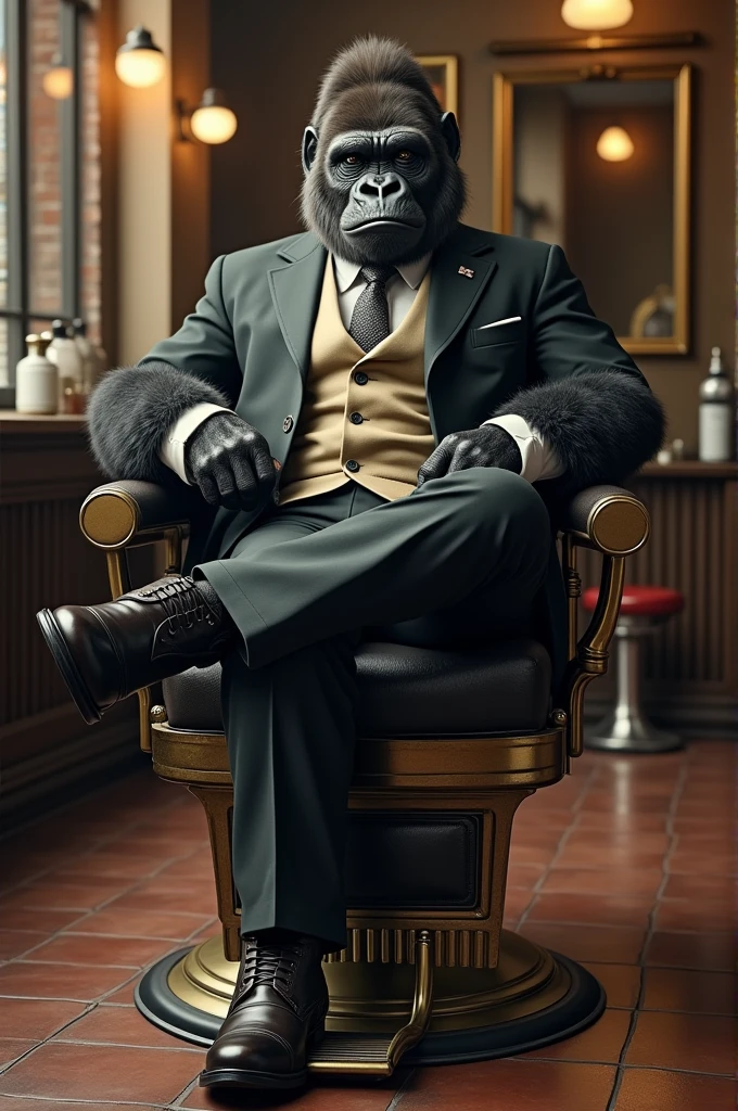 Gorilla in a suit sitting in a barber's chair 