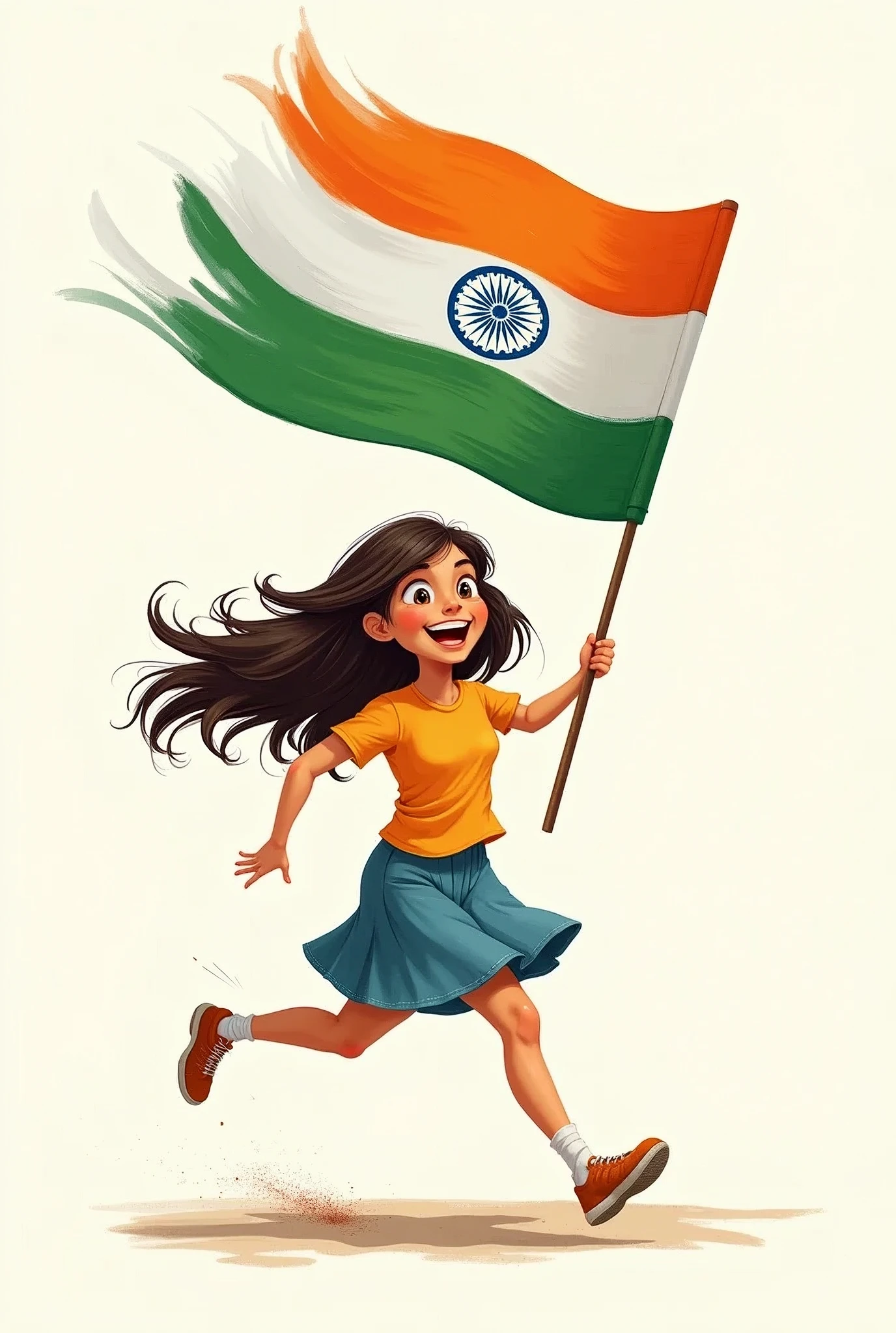 Cute & pretty girl running with indian flag sketch form.