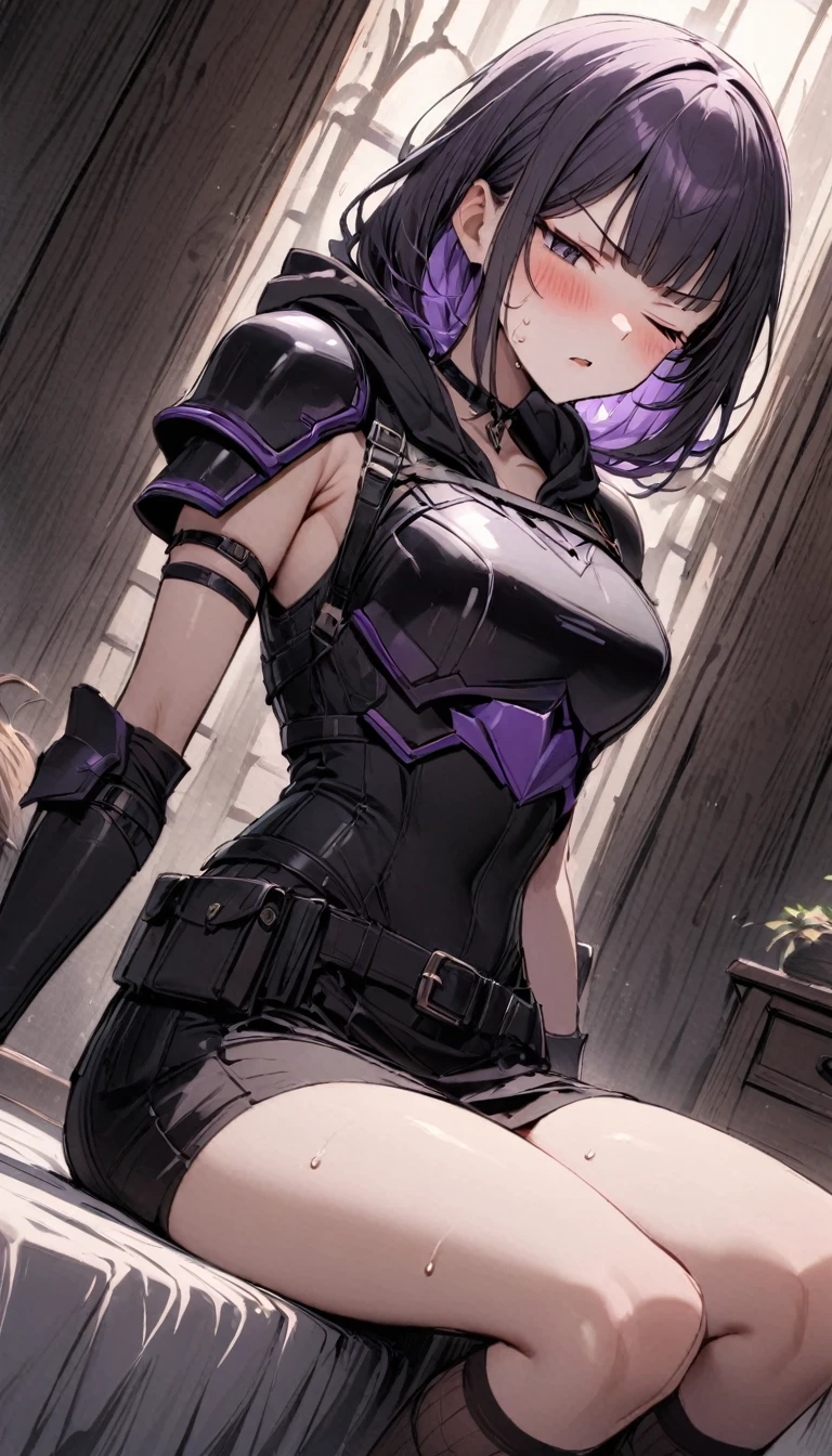 Young, strong, feminine, beautiful, 8k, super realistic, extremely detailed, masterpiece, black eyes, purple hair, small ponytail, miniskirt, in bed, no panties, gloves, warrior, confident, closed fists, diaphragm, lifting miniskirt, crouched, devoid of panties, no panties, lifting miniskirt, bottom angle