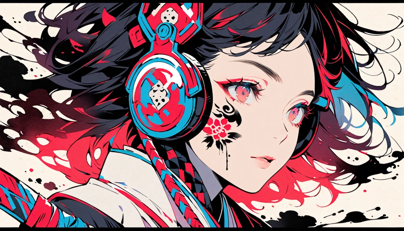 (((Ink Painting))), ((Japanese style headphones)), (((Japanese pattern tattoo on face))), Japanese sword, Magnificent hair ornament, Japanese, vividcolor, face close up
