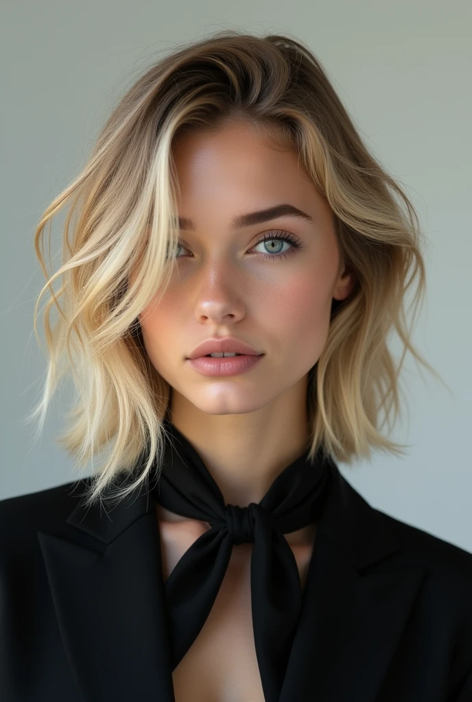 portrait of european,standing alone,20 year,beautiful face,upperbody,hair over one eye,Medium Side Cut, hair blonde, sharp focus,Black Suit