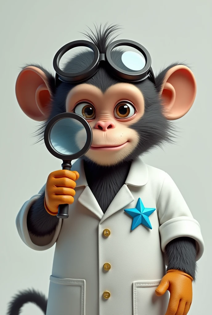 Make a monkey wearing scientist clothes and a magnifying glass , with a blue star badge 