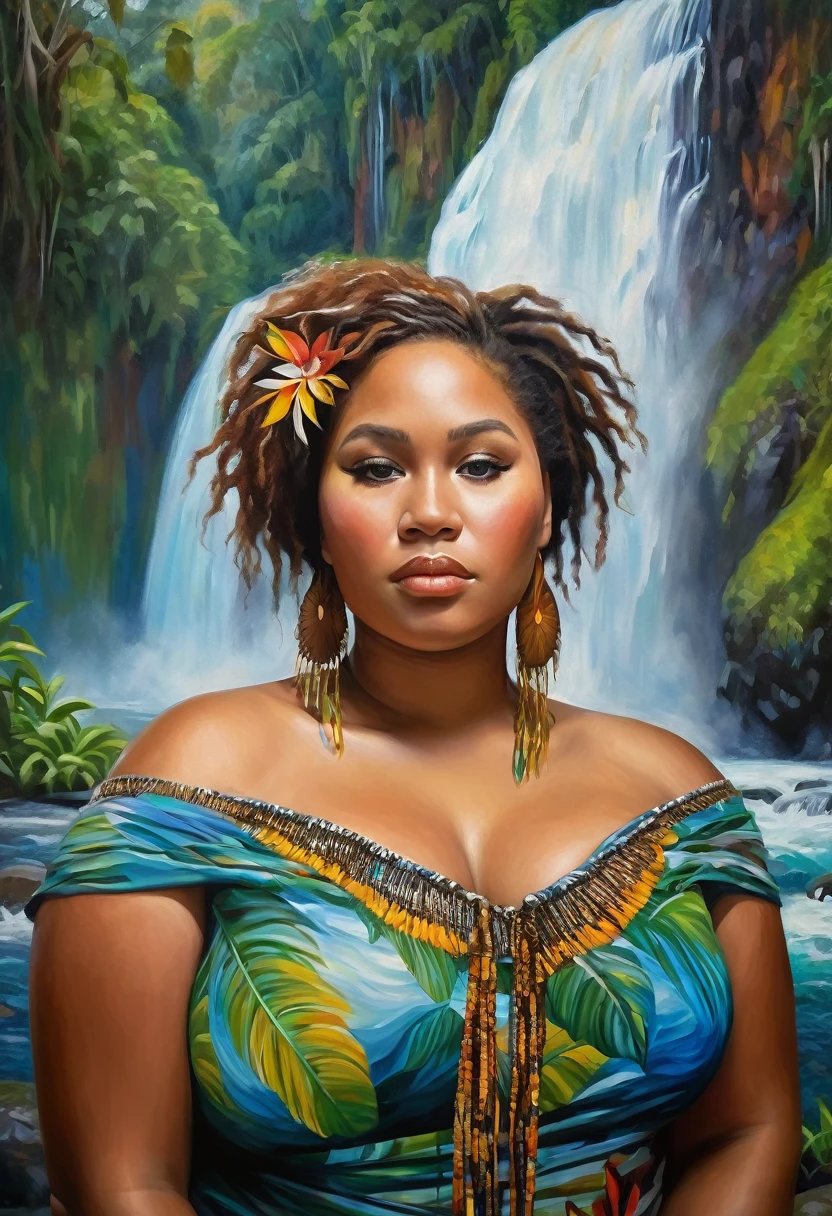 Dreamy Wonderland theme,  portrait of a plus size Papua New Guinean woman against a backdrop of waterfall in impressionistic painting style. her hair and face merges into the waterfall. highly detailed painting  has wide hips and huge chest.  highly detailed face,"