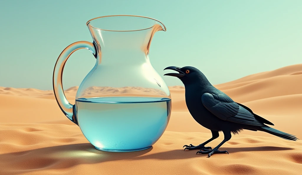 The crow sitting beside a pitcher, looking into it with a worried expression as the water is at the bottom.
The crow tries to drink water from pitcher but can't reach because water is at the bottom of pitcher.
Show pitcher large in size
The crow is thirsty.
The pitcher is transparent.
The background is desert.
