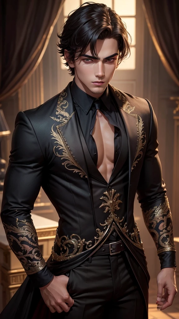 A handsome young man with dark eyes, his gaze seductive and domineering like a demon