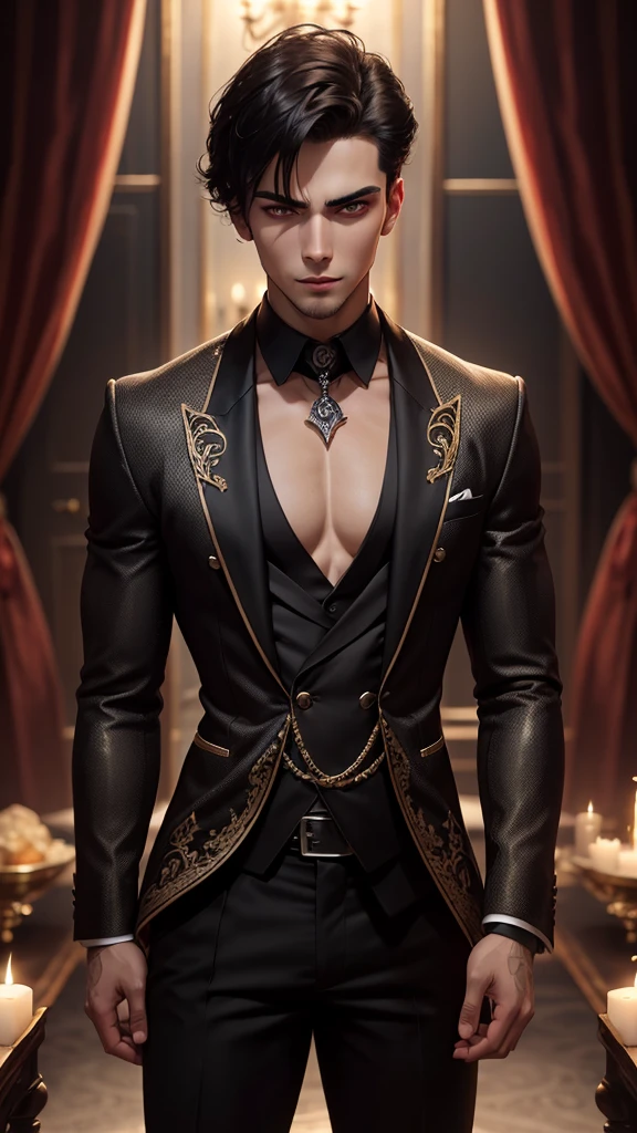 A handsome young man with dark eyes, his gaze seductive and domineering like a demon