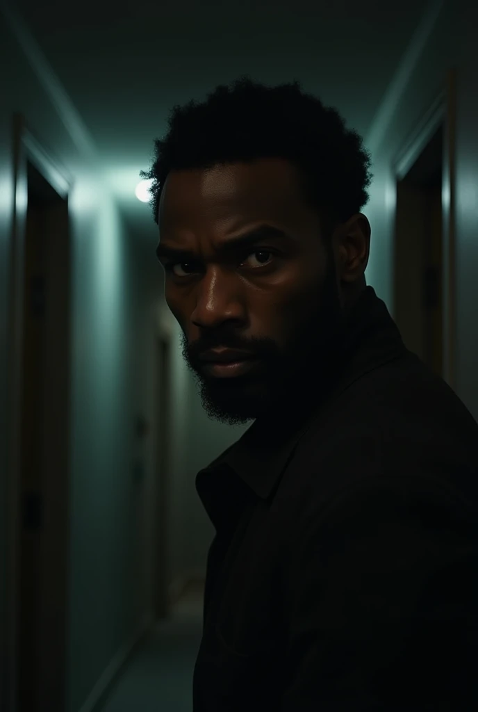 Close up of a cautious light skin black man's face in a hallway, nightmare 