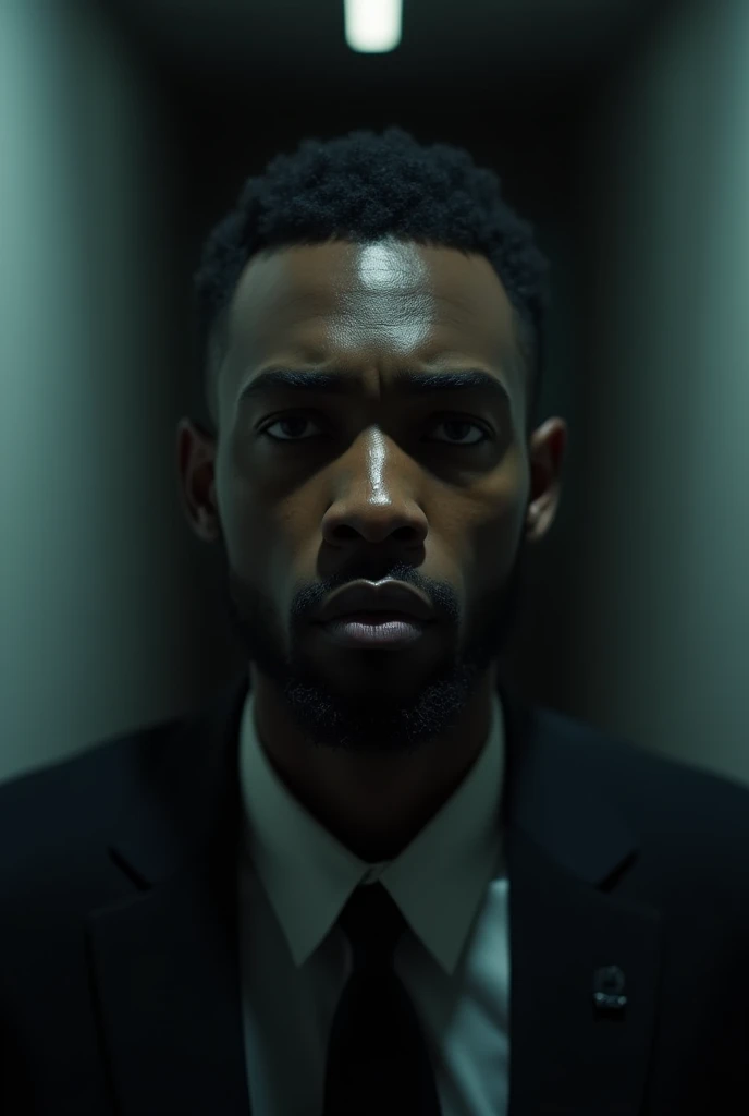 Close up of a cautious light skin black man's face in a hallway, nightmare 