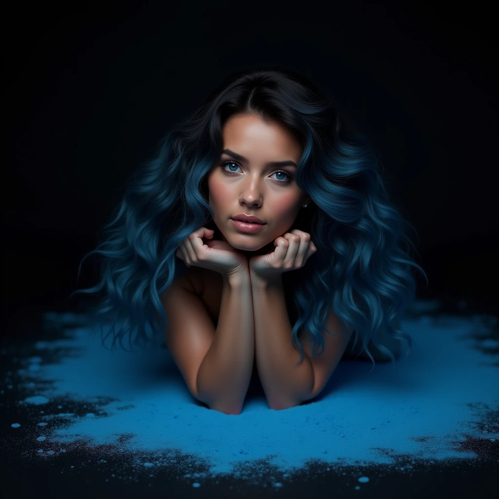 Beautiful biracial latina woman , blue long wavy hair, blue light eyes , lay on the stomach, on the ground,  blue powder hide her body , black background , De Côté, 