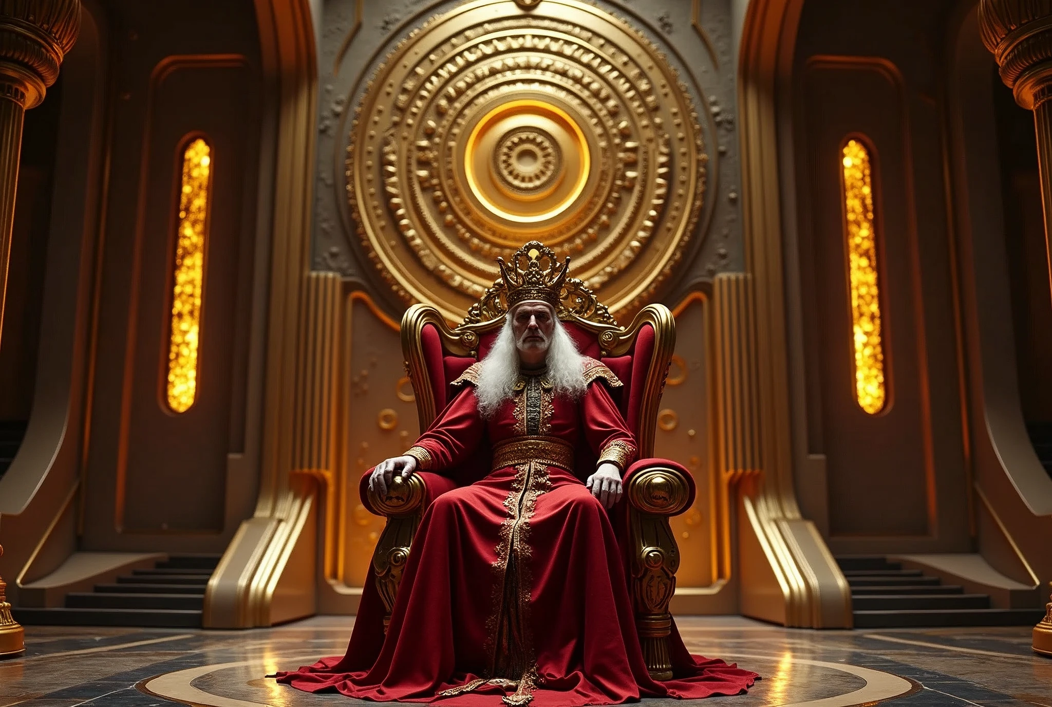 King sitting on a throne, interior of futuristic ship, Interstellar. 8k, extraterrestrial, gold on the wall