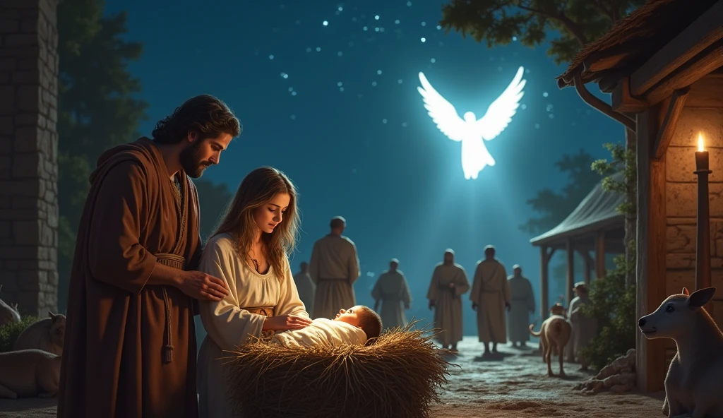 A night scene in the city of Belém, with a bright star in the sky. Mary, a young woman of humble appearance, holds a newborn, wrapped in cloths, and places him in a manger. Joseph, simple and protective in appearance, observes with tenderness. Ao fundo, shepherds dressed in simple robes approach, guided by a bright angel hovering over them. The atmosphere is rustic, with animals around and soft light illuminating the scene