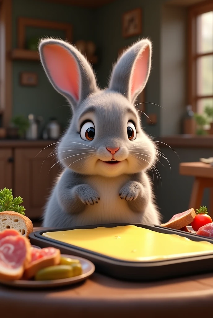 Rabbit roux qui mange une raclette,charcuterie,realistic