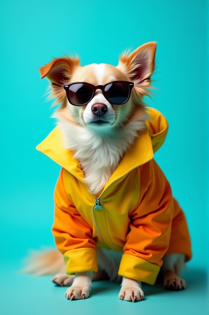 The best cell phone wallpaper, Award-Winning Wallpaper, portrait photography, In the front view is a portrait of a cute dog wearing mid-1960s space age fashion, Side view photo, Shot with Canon EOS R5, Set a strong contrast that accentuates the subject, Fluorescent blue tone, Wearing a very modern coat and sunglasses is a modern 1960s style, Clothes all in one color, beautiful background