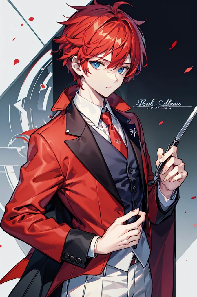 Highest quality, 16K, masterpiece :1.3 Ultra-high resolution No abnormalities in the details Detailed face male neutral cool Wearing a suit Red Hair Blue Eyes