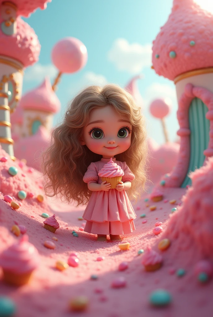 A , light brown with long curly hair, dark ,With cupcake in hand . In a sweet world .
