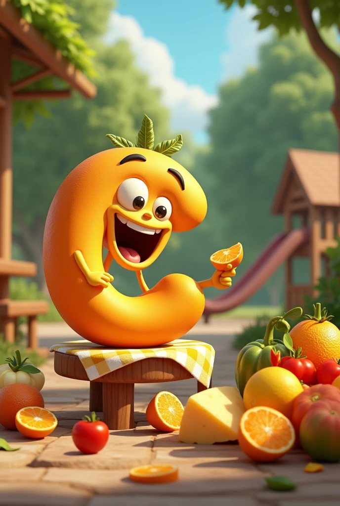 The letter C smiling, glad, eating an orange, on top of a wooden stool, with a wooden table next to it with a yellow and white checkered towel, there are oranges on the table, lemon, a basket with acerola, There are tangerines, sliced guavas, cherry tomato skewer, bell pepper and cheese, behind there is a playground with a slide, plein-air, Trees, blue sky 