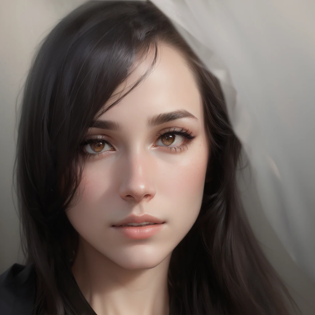 arafed woman with long hair and a black shirt looking at the camera, realistic portrait photo, realistic studio portrait, realistically rendered face, photo realistic portrait, realistic digital painting, photorealistic portrait, realistic portrait, high quality portrait, photo-realistic face, young female face, photorealistic face, photorealistic beautiful face, full face close up portrait.Create an image of a tall Brazilian girl with a close-up focus on her face. She has short, straight dark brown hair that just touches her shoulders, framing her pale white skin. Her large, deep brown eyes are intense and captivating, with subtle dark makeup accentuating their depth. Her lips are painted a dark, matte shade, adding to her striking appearance. The close-up should capture the fine details of her facial features, from the slight arch of her eyebrows to the natural texture of her skin. Ensure she has no accessories, particularly around her neck.

In the full-body view, she stands confidently wearing a simple black bra that is minimalistic and not overly elaborate. The bra fits snugly but covers only the essentials, revealing much of her figure. The background is a casual urban setting, with weathered stone walls covered in faded graffiti, a rusty metal fence in the distance, and an old cobblestone street. The lighting is muted, with the sun partially obscured by clouds, casting a soft, diffused light that adds to the moody and realistic atmosphere. The close-up emphasizes her face while the detailed background provides depth and context to the scene.