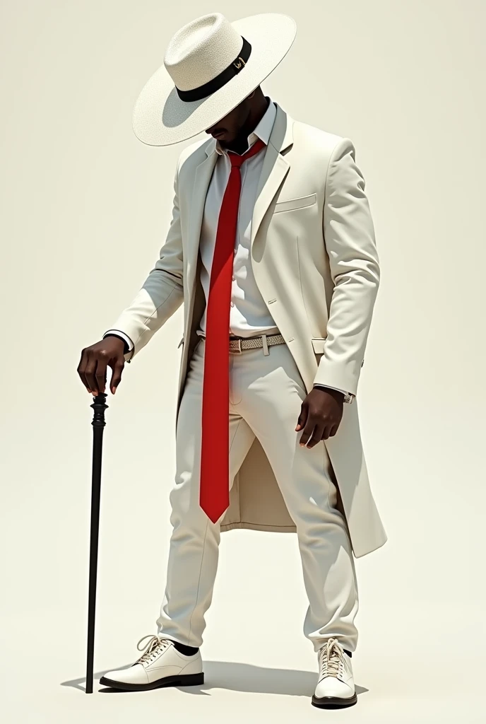 Zé pelintra, trickster, Bohemia, dressed elegantly in a white suit, white pants, white shirt and sparkling white hat with a long red tie. black male, rot, stark, flirt, charming, smiling but with a mysterious air, with head down, slightly hidden by the Panama hat. 
black male, stark, flirt, holding a cane with interlocked hands, positioned front 