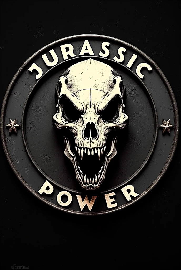 Circular logo with a skull without any other bones in the body, of velociraptor in the center and says Jurassic power around the logo