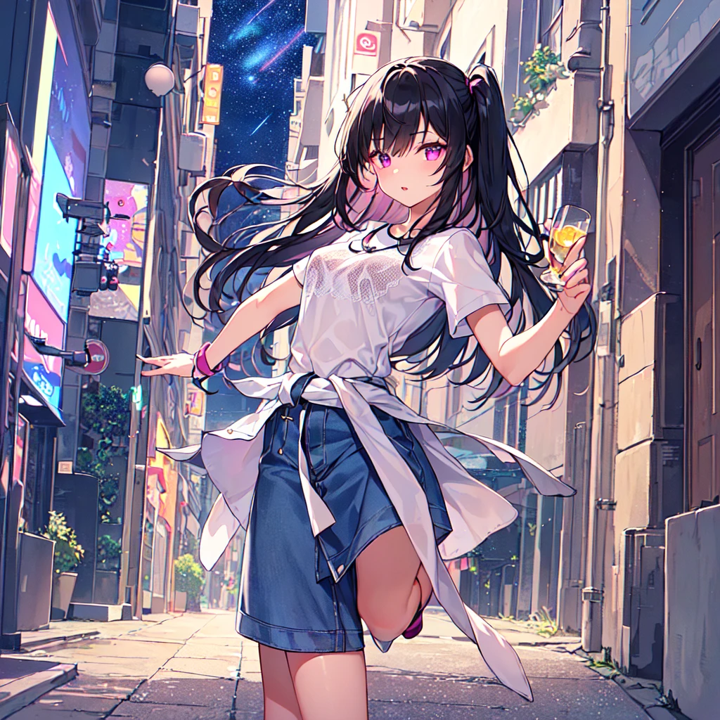 masterpiece, best quality, high quality, extremely detailed, very delicate and beautiful, (1 female 18 years old solo:1.5), (long black hair up to waist with two-side up:1.5), bangs to eyebrows, eyes (eyes sharp, strong, glossy, glossy eyebrows), (eye color magenta:1.3), 6.5 head height, (summer short sleeve casual fashion:1.3), knee socks, lace, ruffles, (meeting someone:1.3), (dynamic pose), (background city:1.3), (Milky Way Night Sky: 1.3)