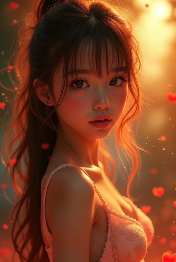A cute real young girl with big innocent eyes, thin breasts, highly detailed facial features, beautiful eyes, long eyelashes, figure, erotic pose, lingerie, sensual expression, glowing skin, fantasy background, warm lighting, cinematic composition, vibrant colors, (best quality,4k,8k,highres,masterpiece:1.2),ultra-detailed,(realistic,photorealistic,photo-realistic:1.37)