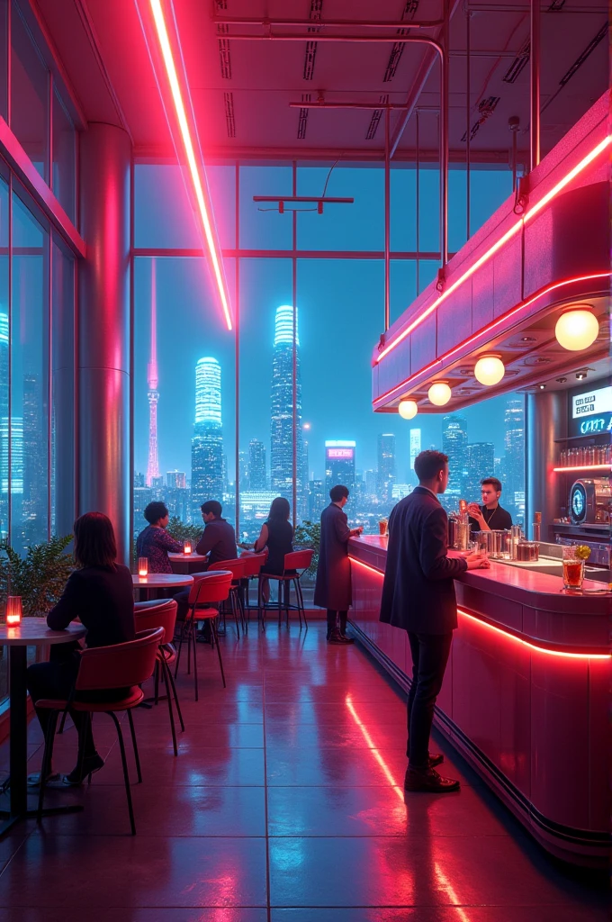 Retro futuristic cafe, neon lights, Neon City style, retrowave 