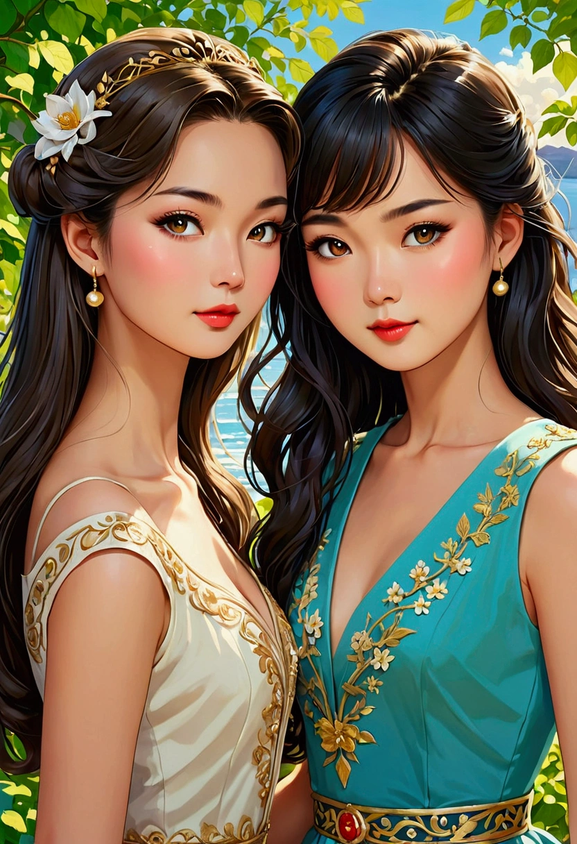 Two beautiful Sarah Kay style women very much in love, in a tender attitude towards each other, one British, with semi-short light brown hair and the other Asian, with long black hair, both dressed in an elegant 50's style