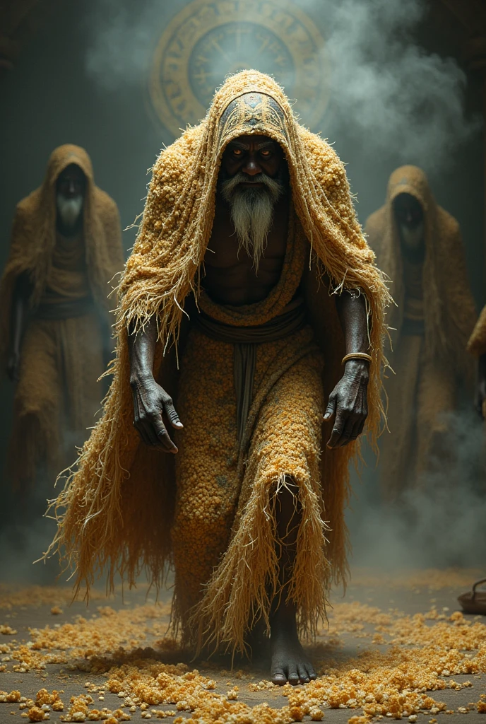 Old Orixá Omulu, covered in straw and popcorn dancing