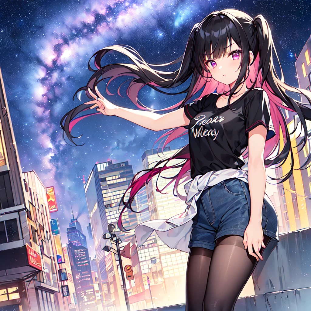 masterpiece, best quality, high quality, extremely detailed, very delicate and beautiful, (1 female 18 years old solo:1.5), (long black hair up to waist with two-side up:1.5), bangs to eyebrows, eyes (eyes sharp, strong, glossy, glossy eyebrows), (eye color magenta:1.3), 6.5 head height, (summer short sleeve casual fashion:1.3), knee socks, lace, ruffles, (meeting someone:1.3), (dynamic pose), (background city:1.3), (Milky Way Night Sky: 1.3)