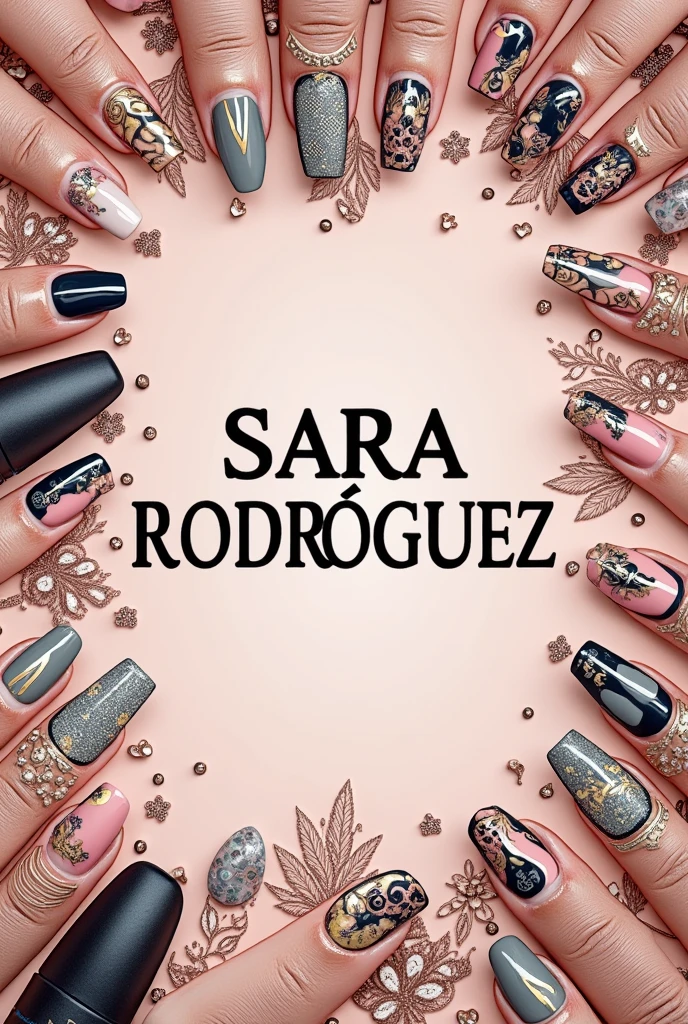 logo with the name SARA RODRÍGUEZ with a decorated nails background 
