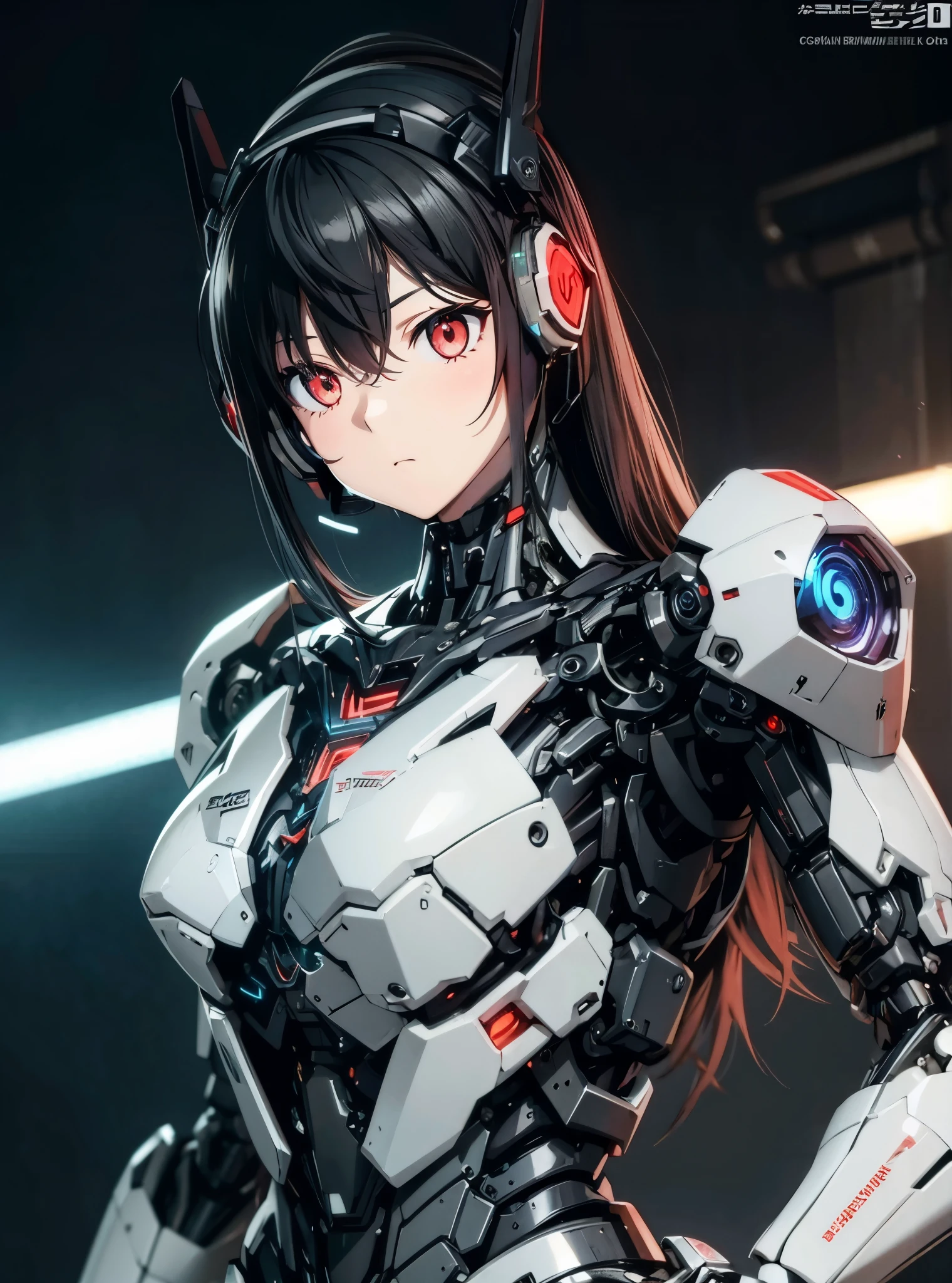 Machine eyes glowing red、Expressionless