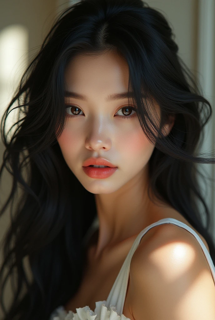 a beautiful woman, long flowing black hair, brown eyes, small neck, glossy lips, full body, random pose, random location, random outfit, detailed face, detailed eyes, detailed lips, 1girl, intricate details, exquisite details, masterpiece, photorealistic, hyperrealistic, 8k, high resolution, studio lighting, vibrant colors, vivid colors, beautiful scenery, dreamy atmosphere, elegant, graceful