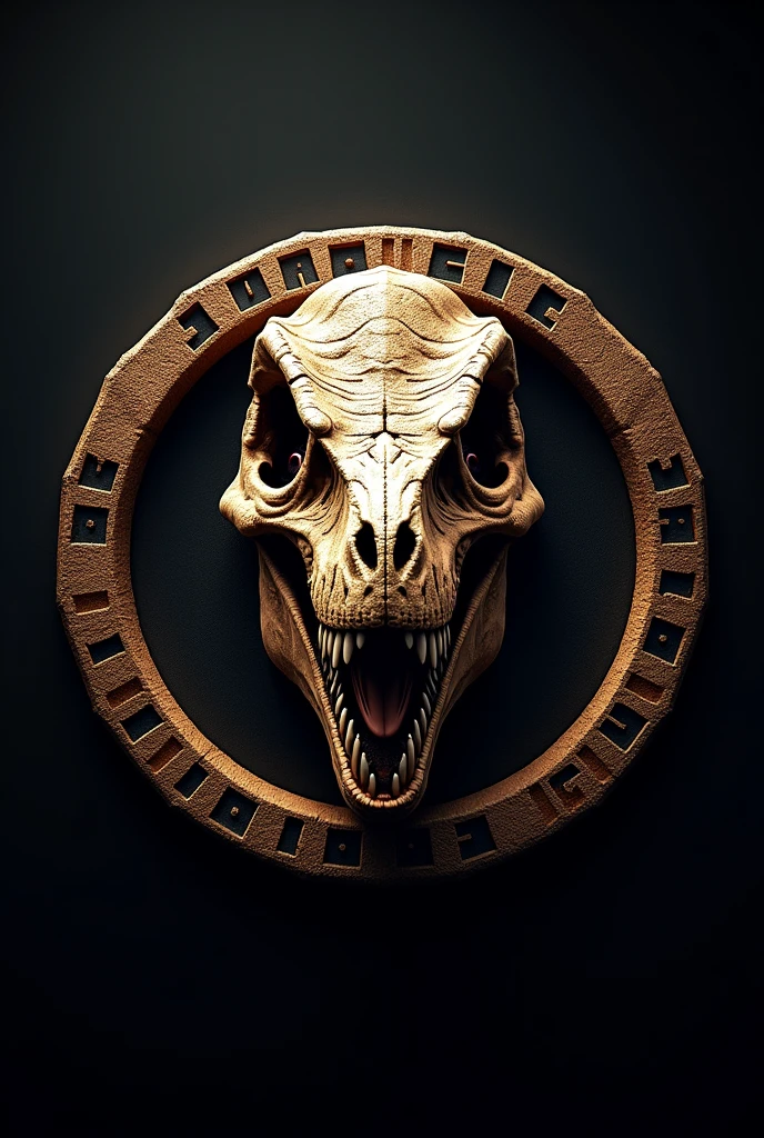 Circular logo with a skull without any other bones in the body, of velociraptor in the center and says Jurassic power around the logo