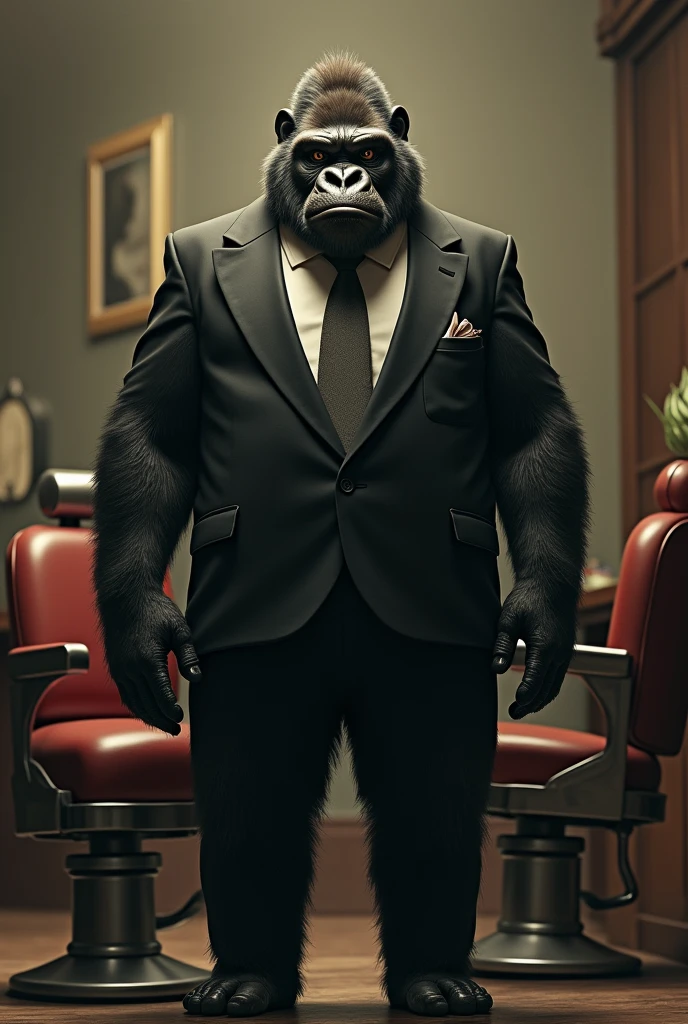 Gorilla in suit standing in front of a barber chair a little thin 