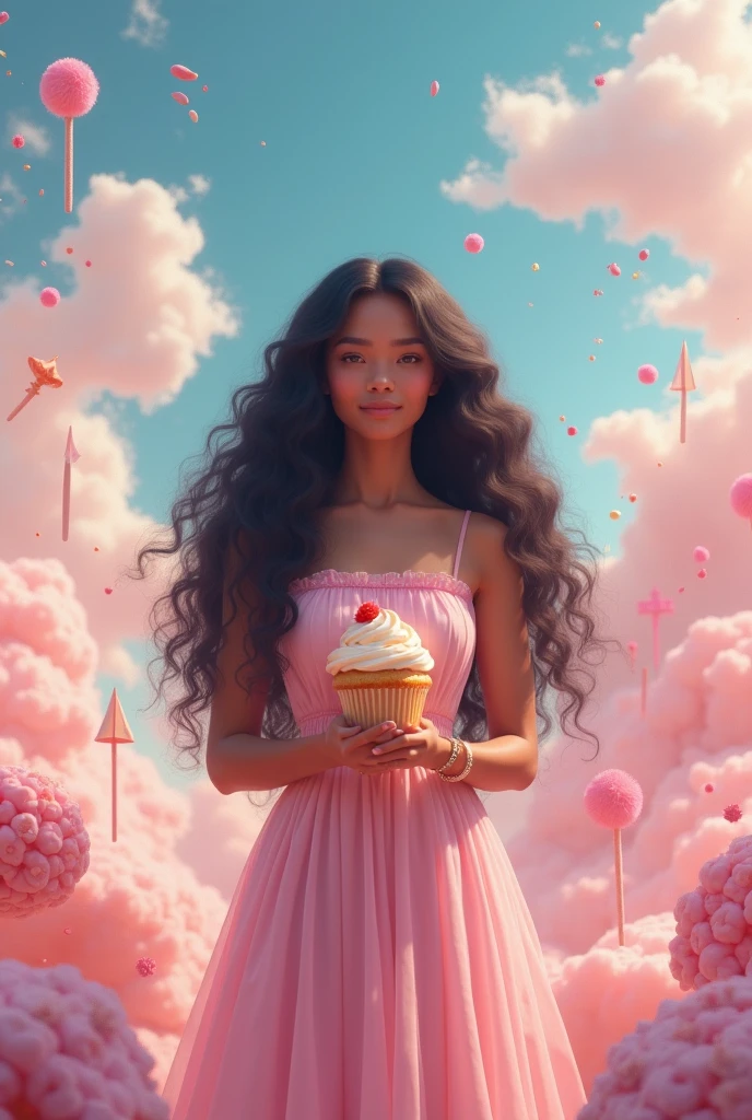 A , light brown skin with long curly black hair, ,With cupcake in hand . In a sweet world .
