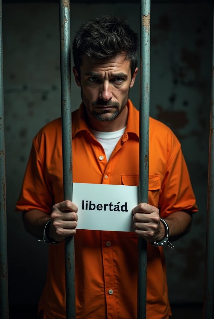 Image of an inmate behind bars, handcuffed, holding a white sheet of paper that says 'freedom' in Spanish, dressed in orange.