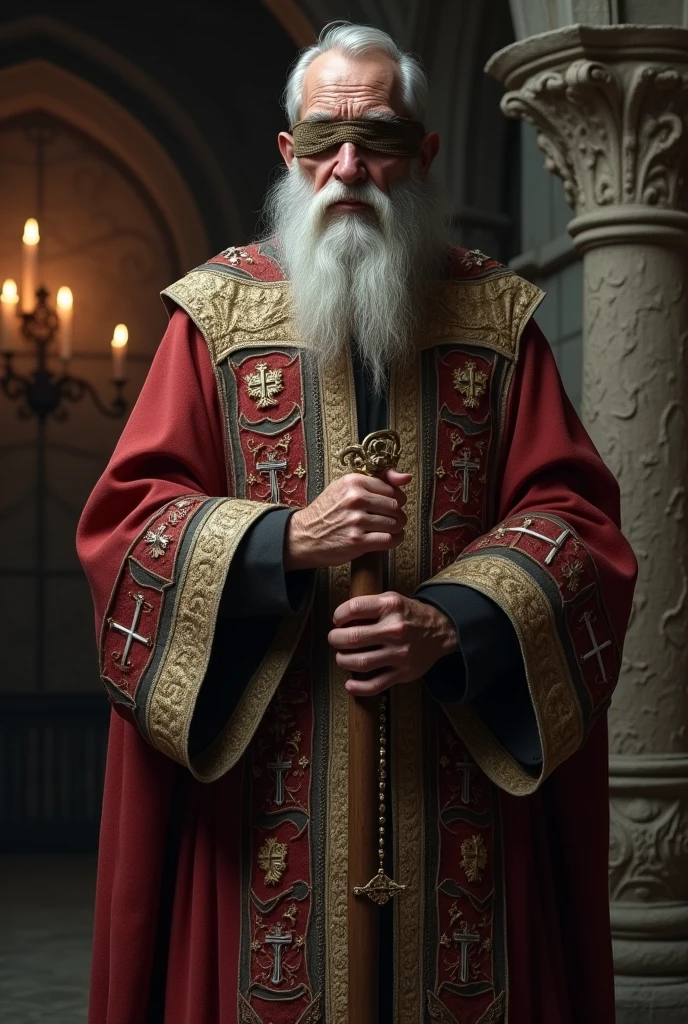 (photorealism:1.2), old man, big priest, medieval style, blindfold, blind man's cane