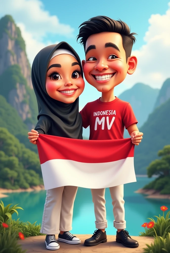 caricature 5D a hijab woman and an Indonesian man aged 23 years, smiling sweetly. Indonesia, Indonesian women wear red t-shirts that say "INDONESIA MV", and white pants and black shoes are holding the August Indonesian flag. with mountainous and lake backgrounds.