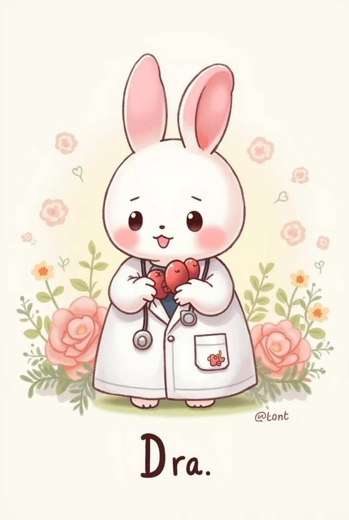 My Melody bunny dressed as a Doctor with a little kidney in her hand, with the caption 'Dra' at the bottom of the image.. flores.