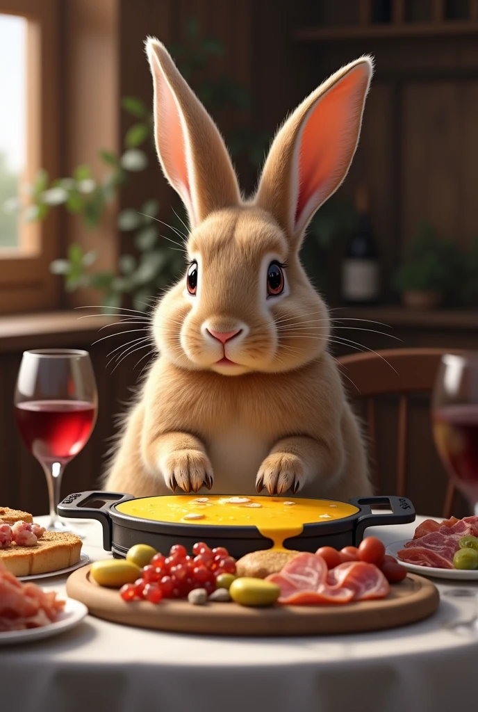 Rabbit qui mange une raclette,charcuterie,realistic,verre de vin