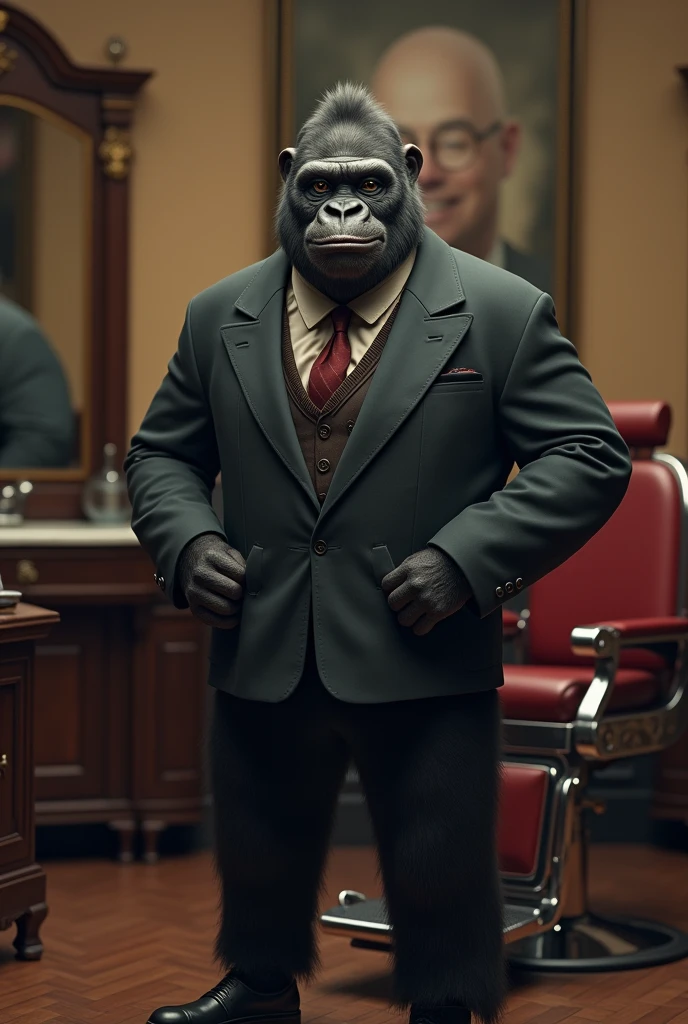 Gorilla in suit standing in front of a barber chair a little thin friendly