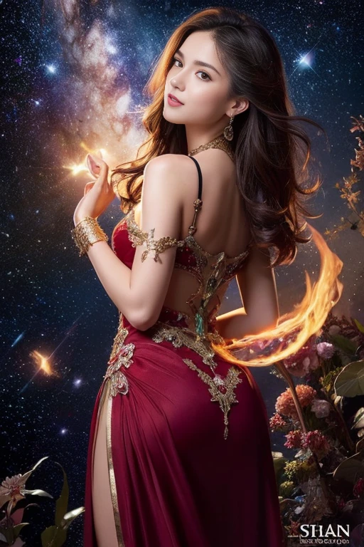8K resolution, masterpiece, Highest quality, Award-winning works, unrealistic, From above, erotic, sole sexy lady, healthy shaped body, 22 years old, white mage, 170cm tall, huge firm bouncing busts,, white silver long wavy hair, Detailed facial depictions, BREAK, Mysterious blue eyes, Standard nose, Eyeliner, pink lips, sexy long legs, Clear skin, knight, A gorgeous long walking stick in seven colors, Gothic , Gothic ruffle long dress, A dress with a complex structure, Seven-colored colorful dress, Clothed in flames, Phoenix Crest, elegant, Very detailed, Delicate depiction of hair, miniature painting, Digital Painting, art station concept art, Smooth, Sharp focus, shape, Art Jam、Greg Rutkowski、Alphonse Mucha's、William Adolphe Bouguereau、art:Stephanie Law , Royal Jewel, nature, Symmetric, Greg Rutkowski, Charlie Bowwater, Unreal, surreal, Dynamic Lighting, Fantasy art, Complex colors, Colorful magic circle, flash, dynamic sexy poses, A kind smile, Mysterious Background, Aura, A gentle gaze, BREAK, Small faint lights and flying fireflies, night, lanthanum, From above, looking down on the world below, Starry Sky, milky way, nebula, shooting star, Flowers, birds, wind and moon, (Back view, Looking back towards the camera:1.3),
