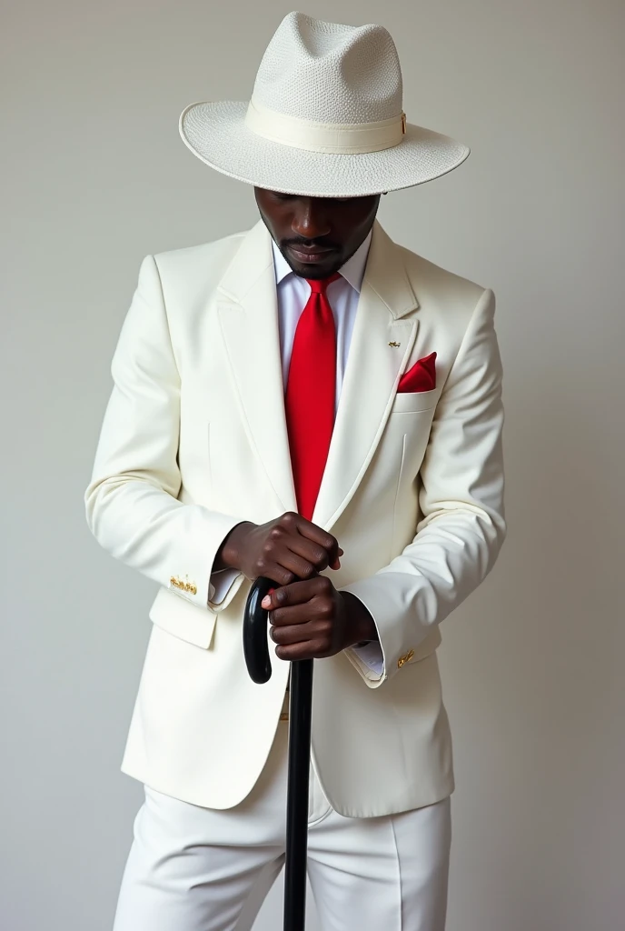Zé pelintra,charming, trickster, Bohemia, dressed elegantly in a white suit, white pants, white shirt and sparkling white hat with a red tie. black male, rot, stark, flirt, charming, smiling but with a mysterious air, with head down, slightly hidden by the Panama hat.
black male, stark, charming, flirt, holding a cane with interlocked hands, positioned front
