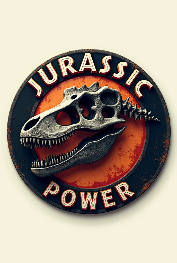 Circular logo with a velociraptor skull only in the center and saying Jurassic power around the logo