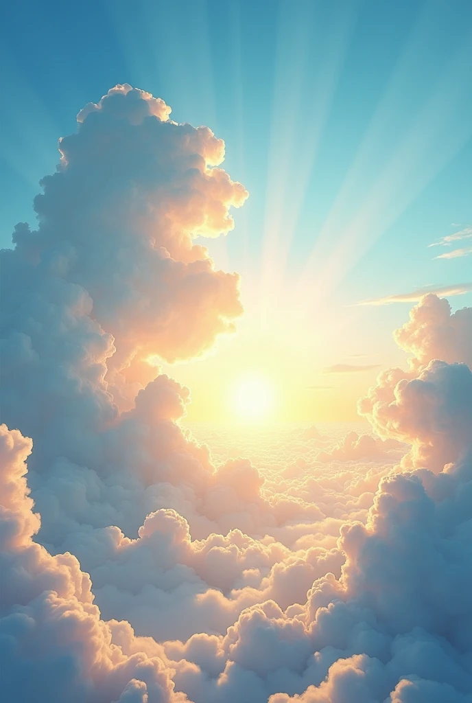 Highest quality, High resolution, Clear image

Large clouds
Summer sky
Sun
Sunbeams
Blue sky