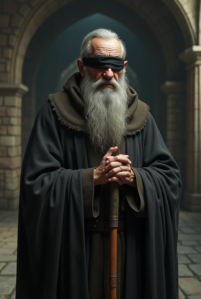 (photorealism:1.2), old man, big priest, medieval, blindfold, blind man's cane
