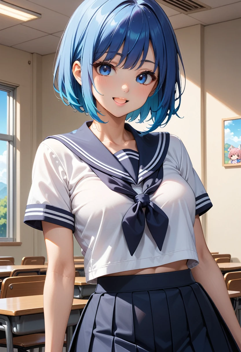 (masterpiece, best quality:1.2), 1girl, solo,(ＪＫ, , Sailor suit, Pleated skirt, Striped pants)
, catria,kawaii,(mature_female:1.5),(navyblue Hair:1.5),Short Hair,Bob,blue eyes,Thin Waist,Small,Toned,small breasts,short stature,classroom,(animated:1.5),(:D:1.5)