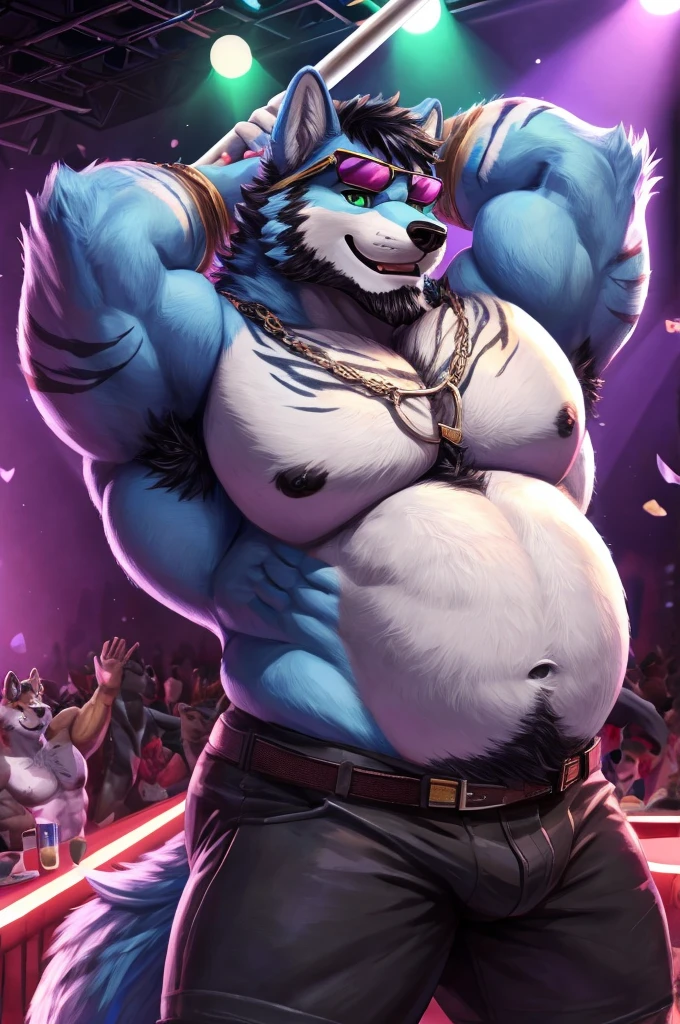 ((best quality)), ((masterpiece)), (Ultra detailed), ((4k)).
Anthro Wolf , Light Blue Fur , black Short Hair , Black Beard , Tiger Stripe Fur , Handsone , Good Looking , Green Eyes ,(Eyes Details), Middle Ages , Huge Pecs , muscle Fat Belly , Club , cute pose , sunglasses , Dancing Pole