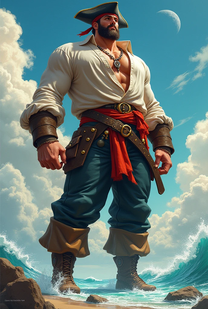Create a giant with pirate clothing, no beard, with a youthful appearance, between 20 and 23 years old